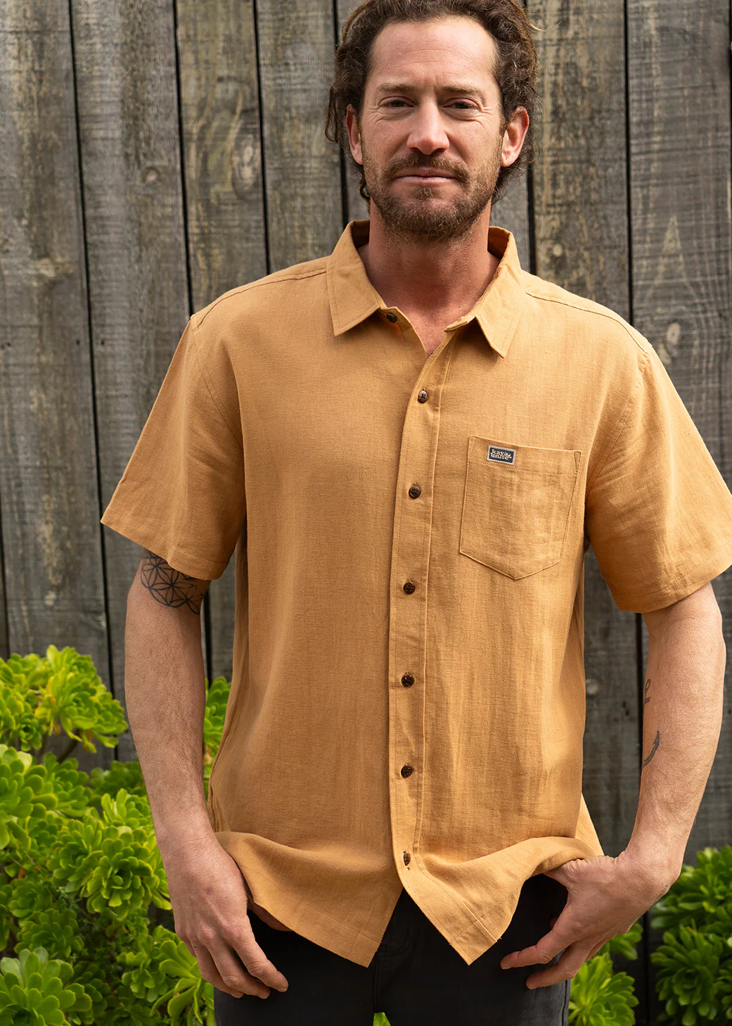 Camisa Clásica Manga Corta Lino Hombre - Camel