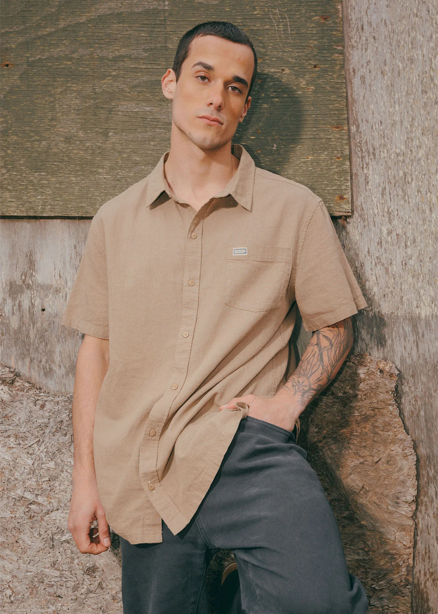 Camisa Clásica Manga Corta Lino Hombre - Olive - Image 5