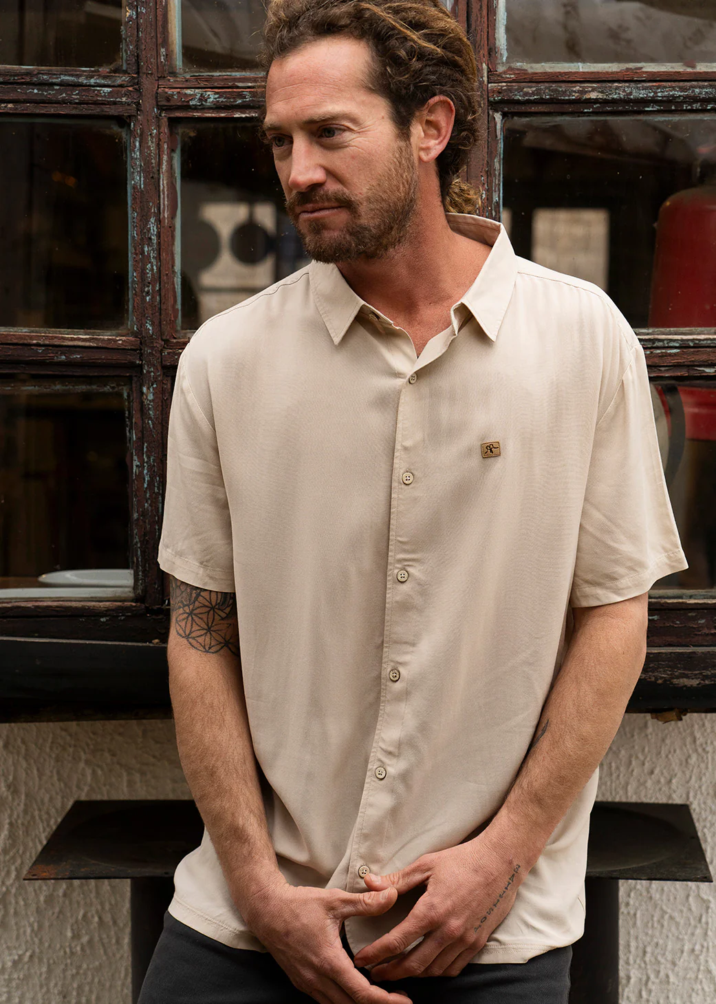 Camisa Clásica Manga Corta Viscosa Hombre - Sand