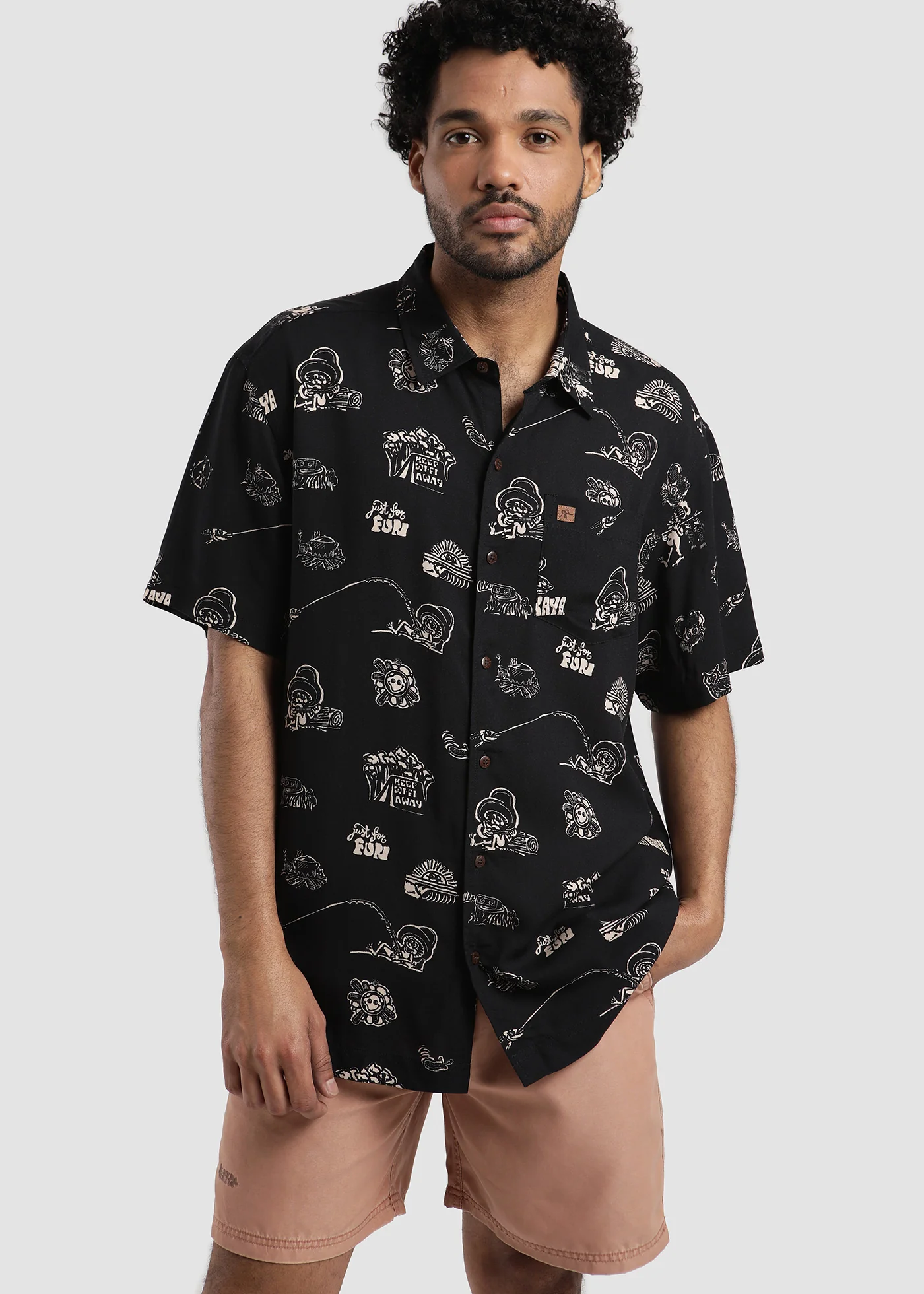 Camisa Diseño Manga Corta Rayón Camper Hombre - Negro