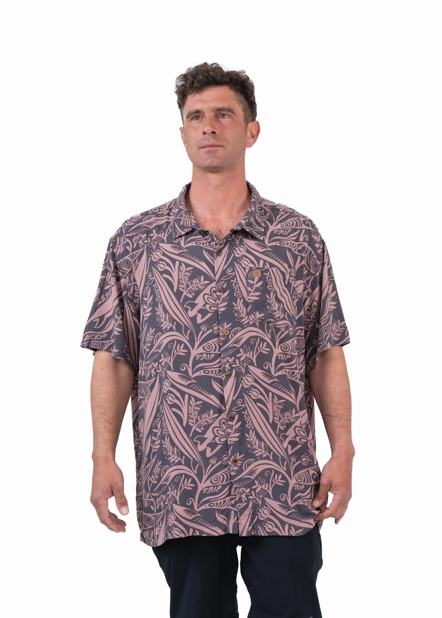 Camisa Diseño Manga Corta Rayón Leaf Hombre - Black