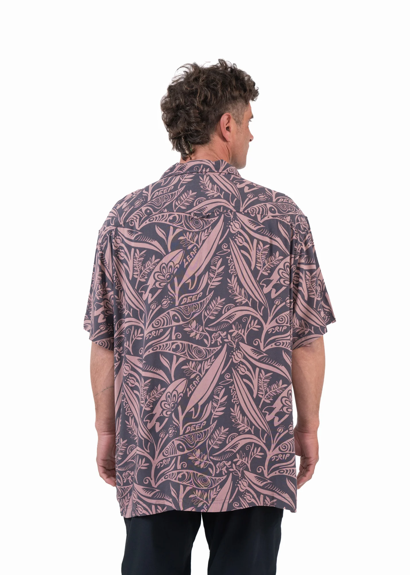 Camisa Diseño Manga Corta Rayón Leaf Hombre - Black - Image 2