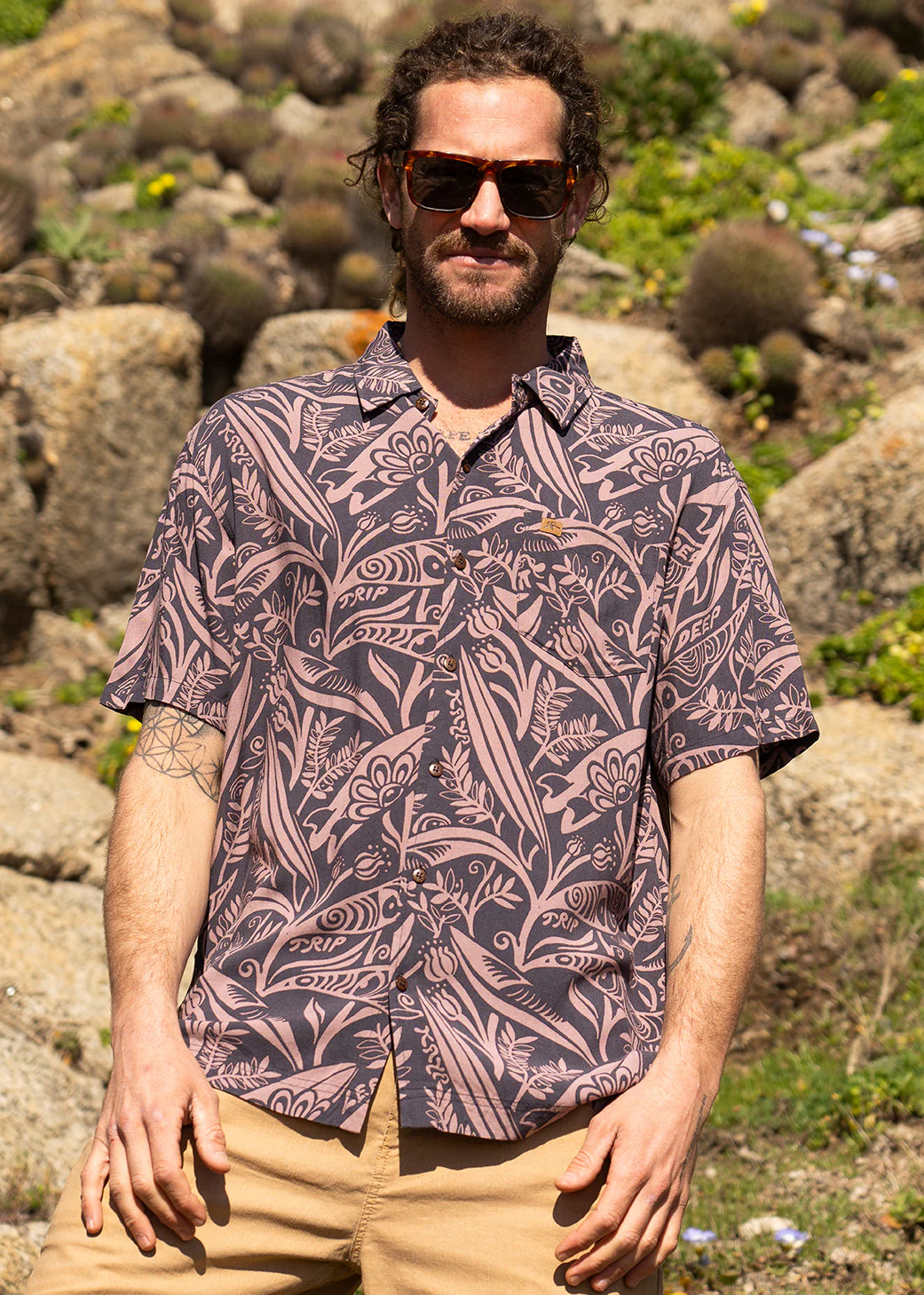 Camisa Diseño Manga Corta Rayón Leaf Hombre - Black - Image 3