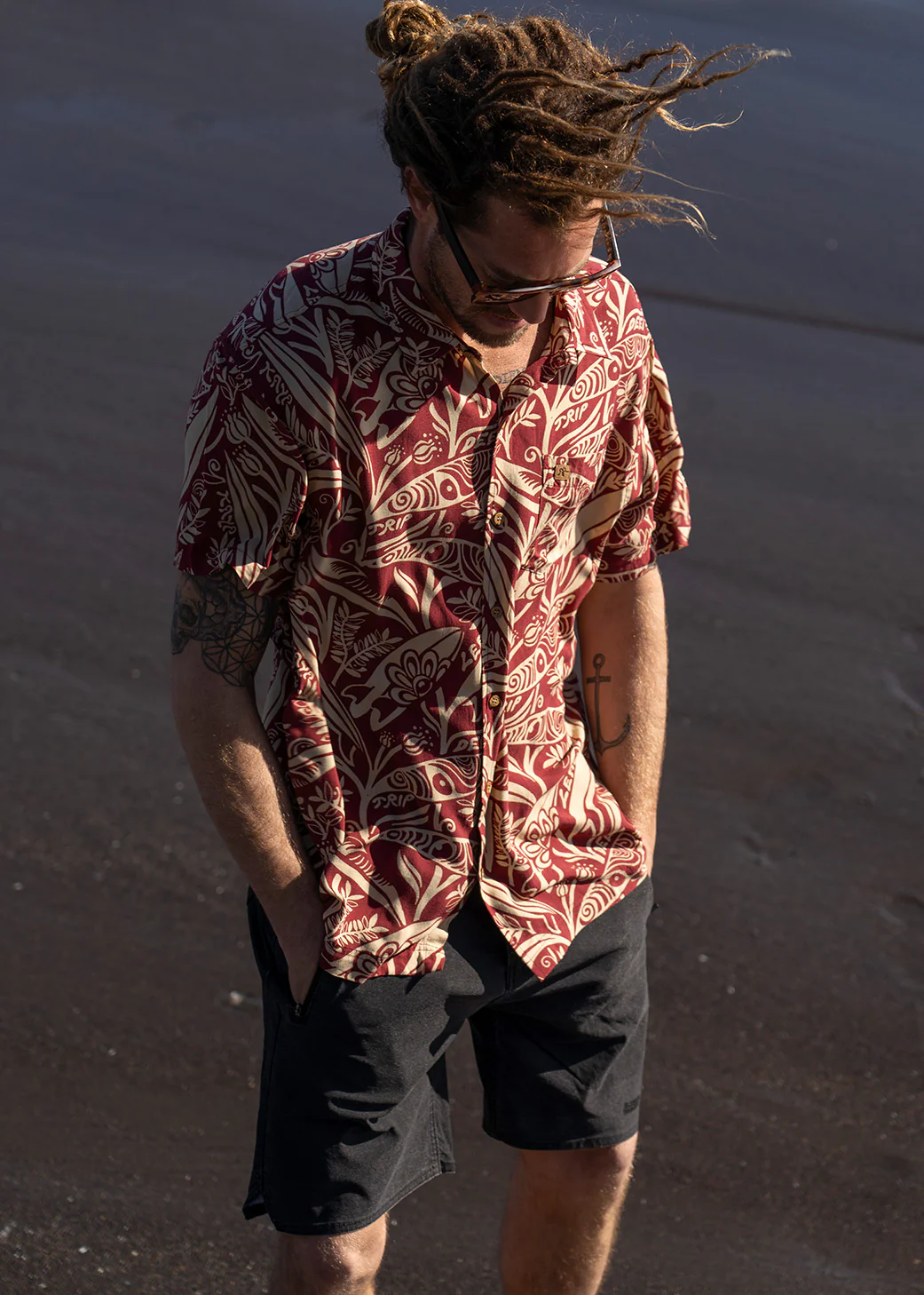 Camisa Diseño Manga Corta Rayón Leaf Hombre - Brick