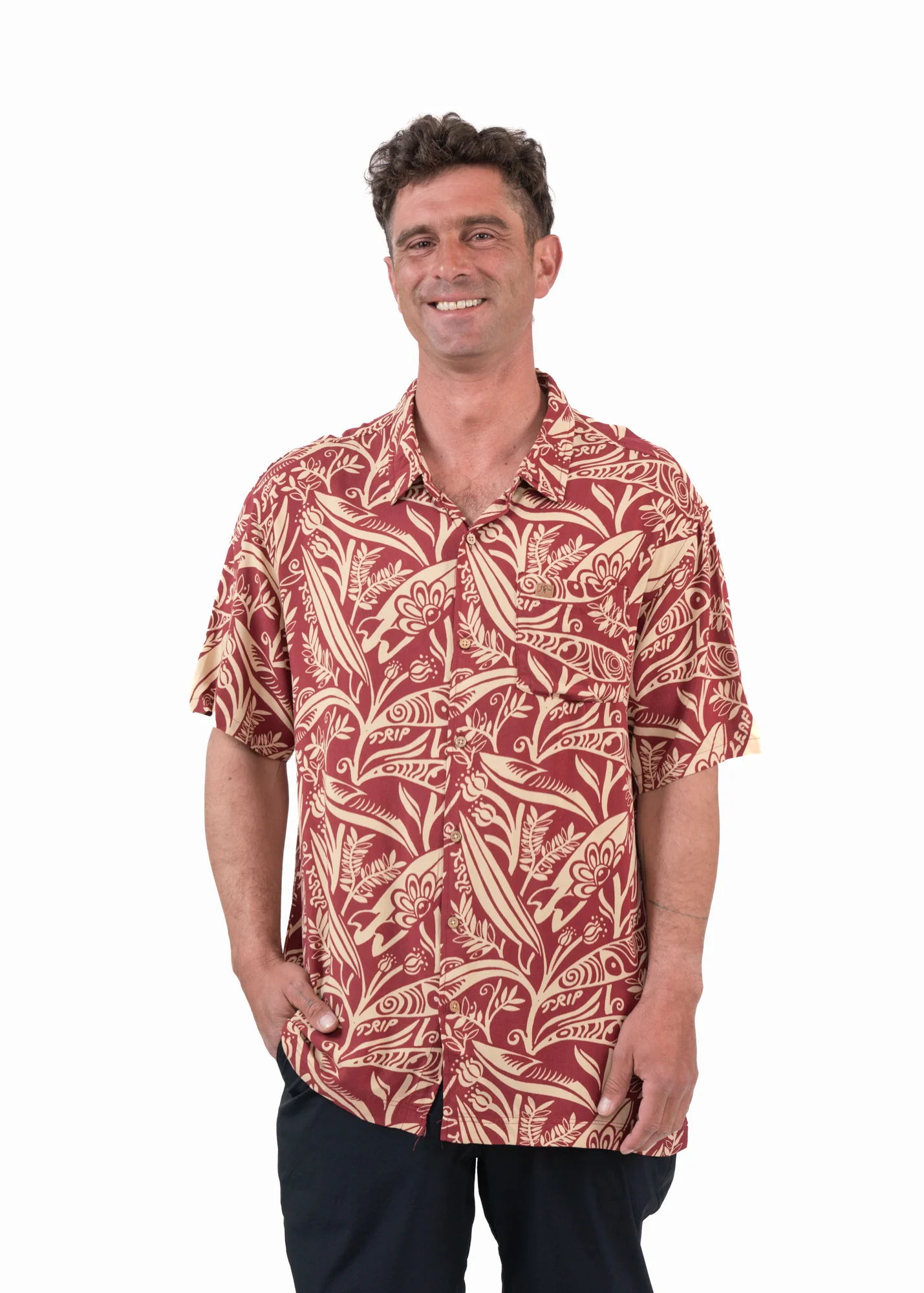 Camisa Diseño Manga Corta Rayón Leaf Hombre - Brick - Image 7