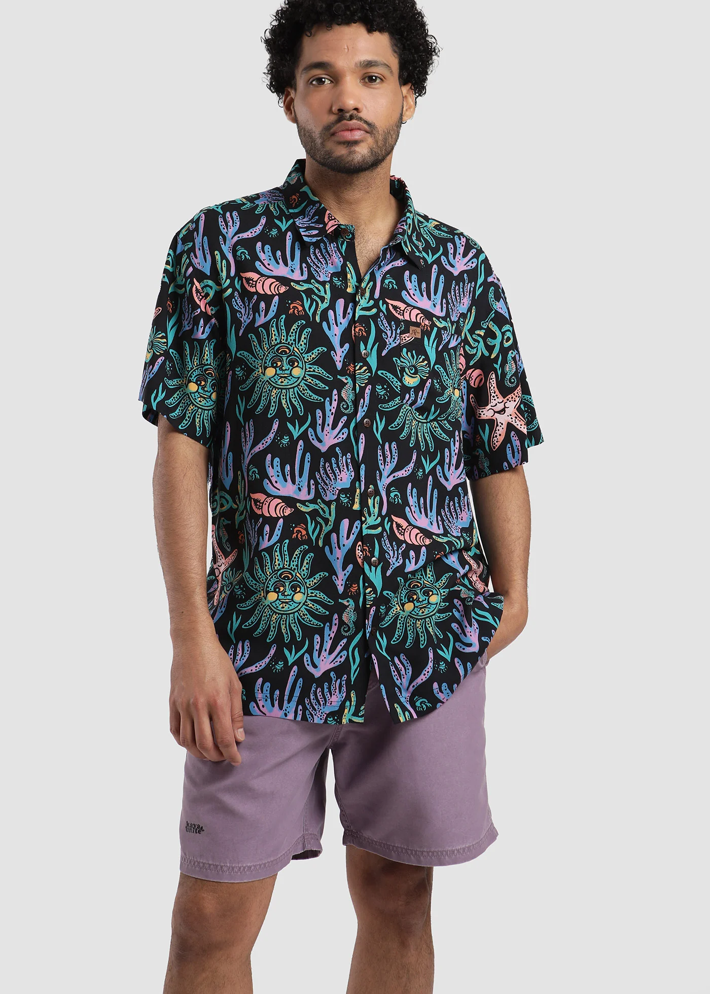 Camisa Diseño Manga Corta Rayón Ocean Hombre - Negro