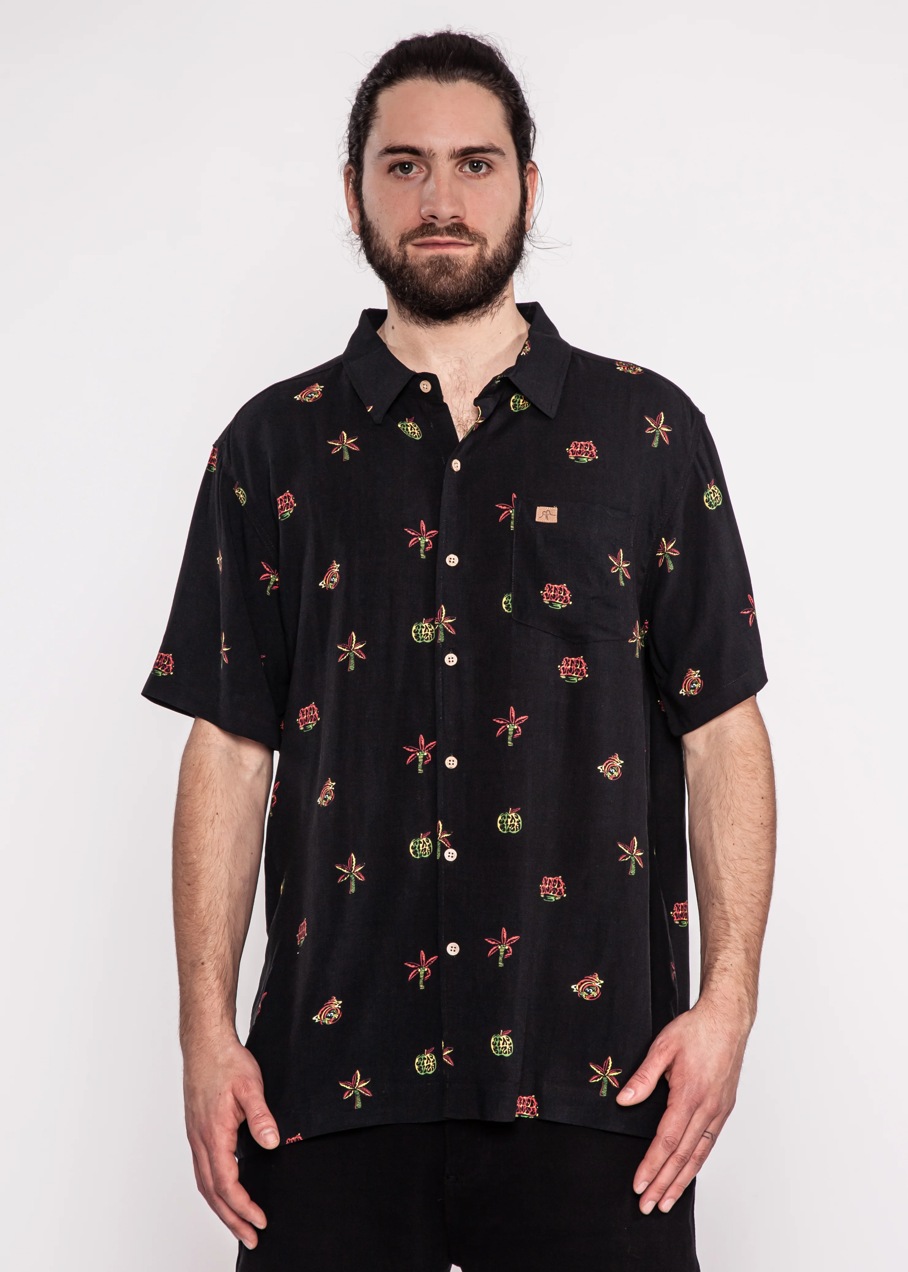 Camisa Diseño Manga Corta Rayón Palm Hombre - Black - Image 2