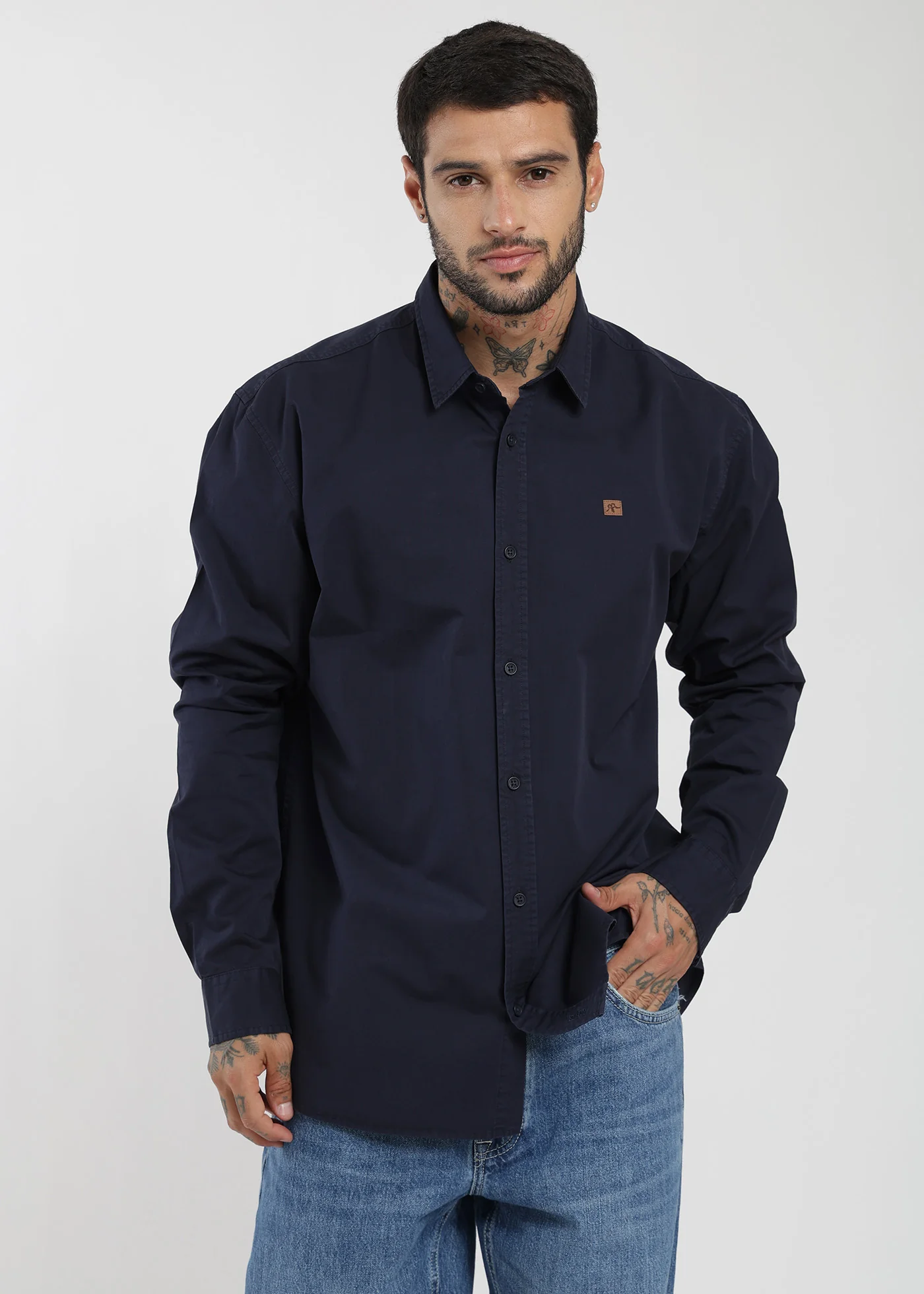 Camisa Manga Larga Algodón Hombre - Azul Oscuro - Image 3
