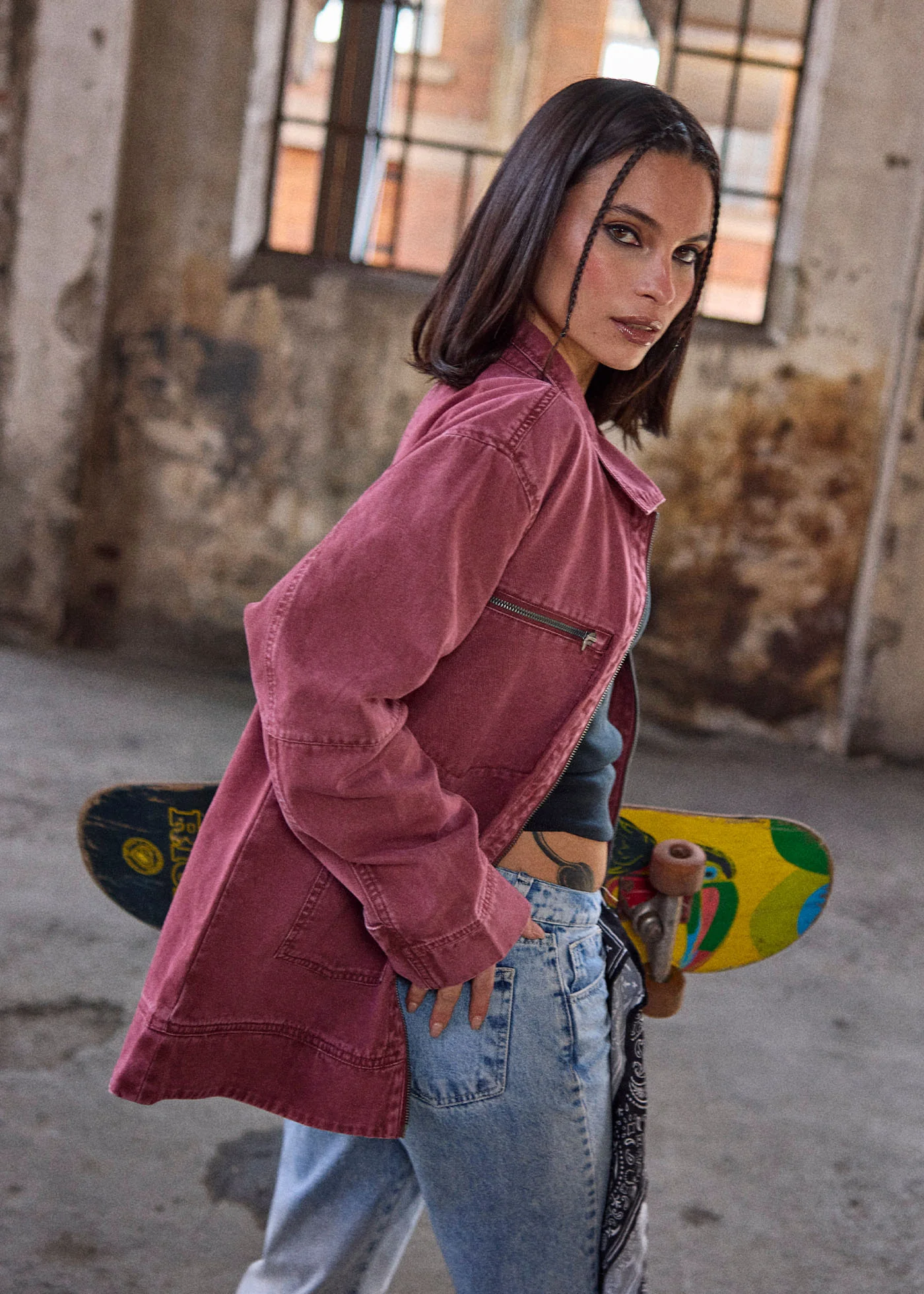 Chaqueta Sobrecamisa Algodón Canvas Mujer - Berry - Image 3