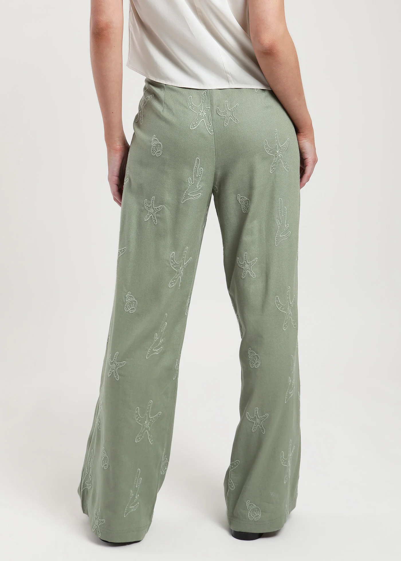 Pantalón Pata Ancha Lino Bordado Mujer - Verde - Image 4