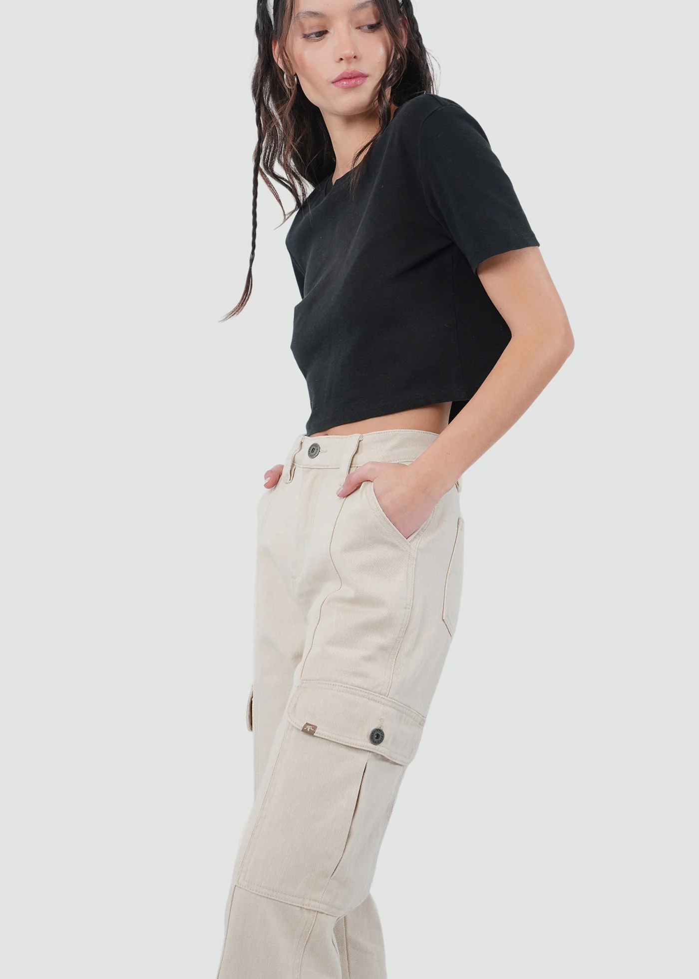 Pantalón Recto Algodón Cargo Mujer - Ecru - Image 4